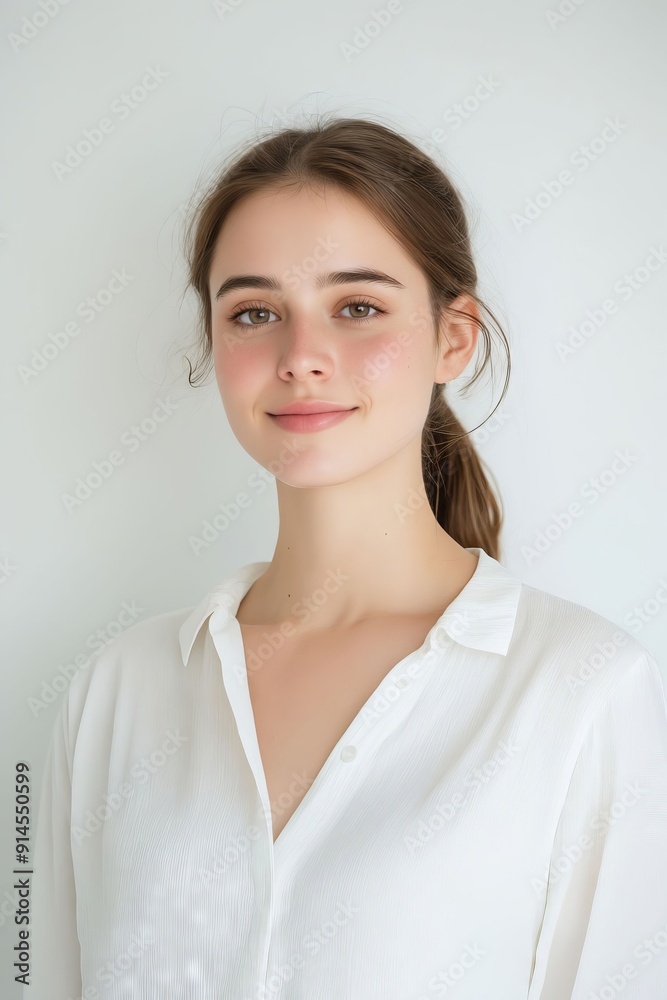 A woman wearing a white shirt is posing for a picture A woman wearing a white shirt is posing for a picture