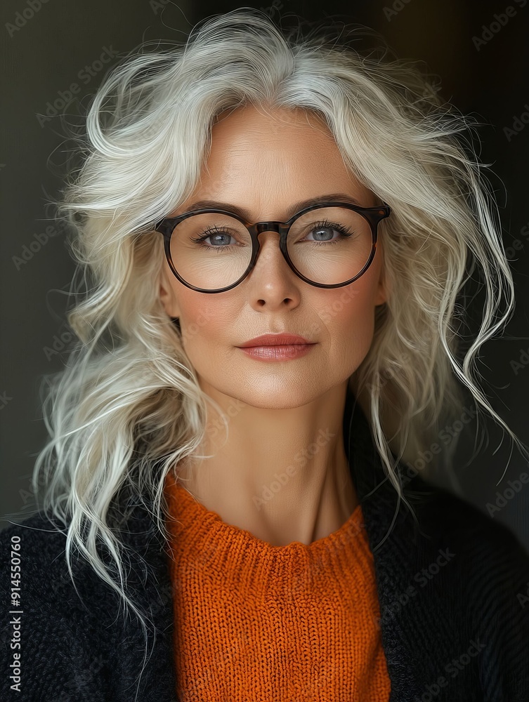 A woman with blonde hair wearing glasses and a sweater