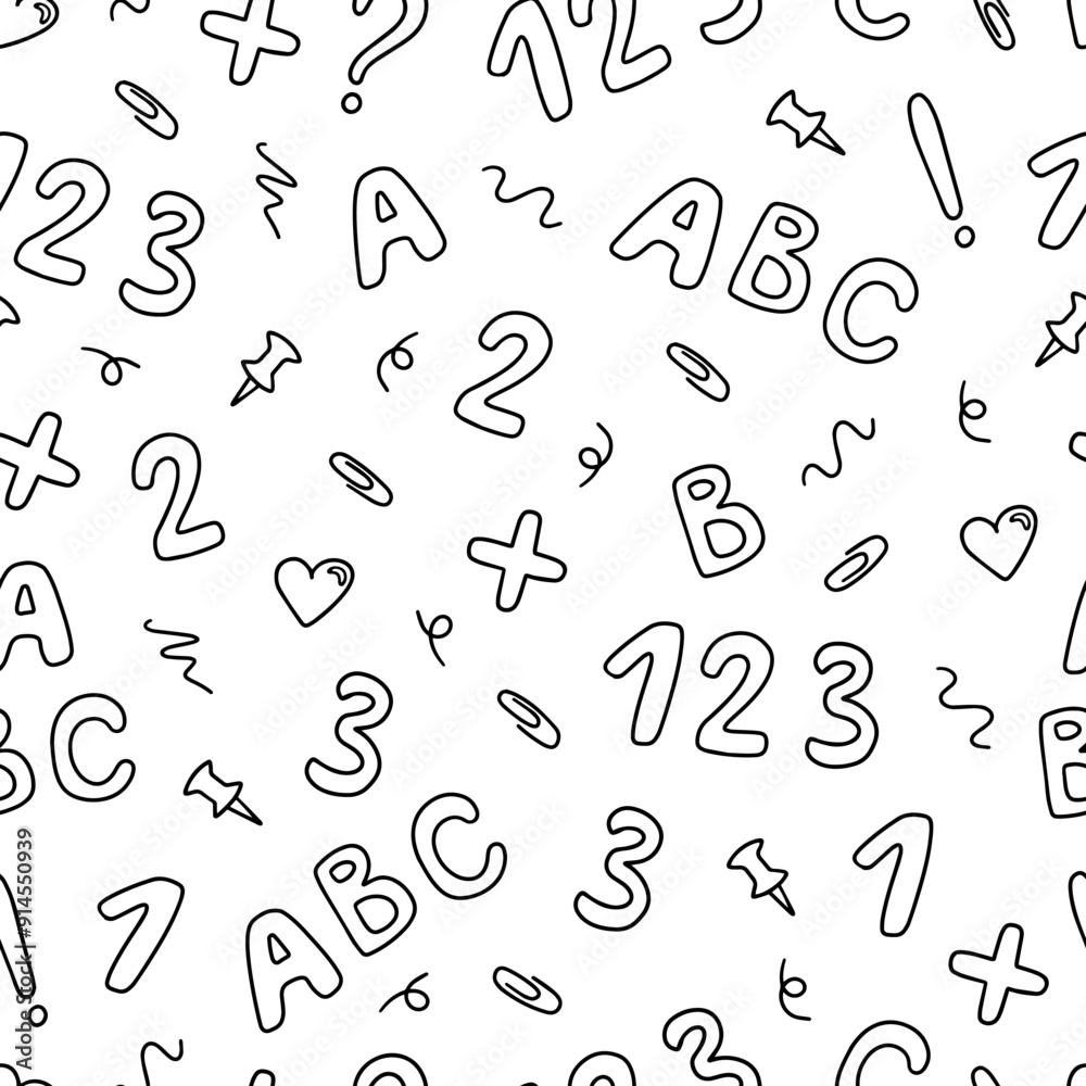 Back to school line art seamless pattern, coloring paper, outline cute letters and numbers, school paper printable Back to school line art seamless pattern, coloring paper, outline cute letters and numbers, school paper printable
