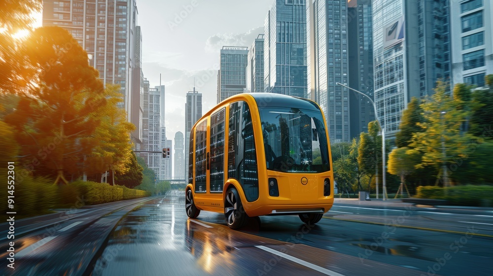 Obraz premium A bright yellow autonomous bus drives through a modern city street