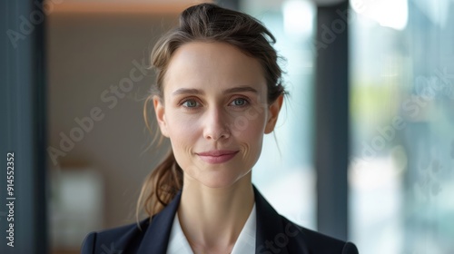 A woman in a business suit is smiling and looking directly at the camera