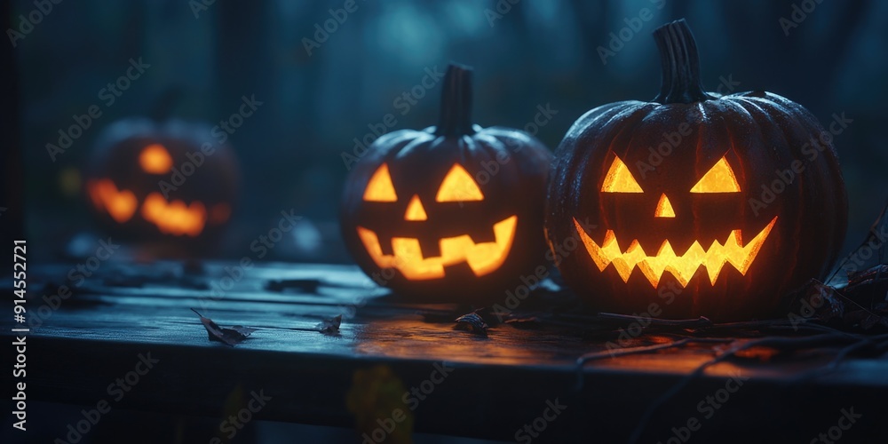Three carved pumpkins sitting on a wooden table, perfect for fall decoration or Halloween party Three carved pumpkins sitting on a wooden table, perfect for fall decoration or Halloween party