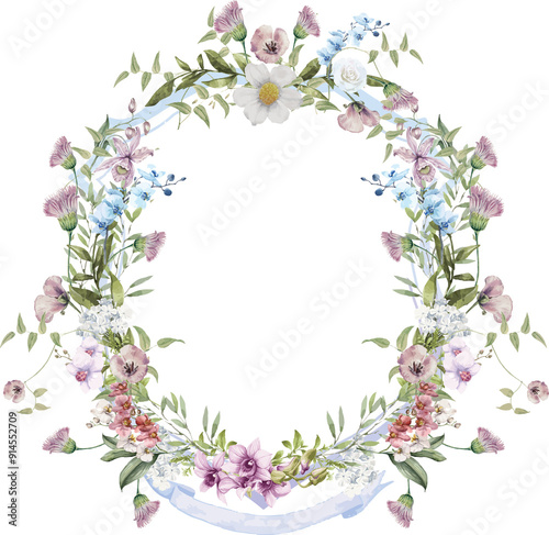 Wallpaper Mural Wild flower Crest, Hand drawn frame template. painted wedding floral wreath. Botanical illustration Torontodigital.ca