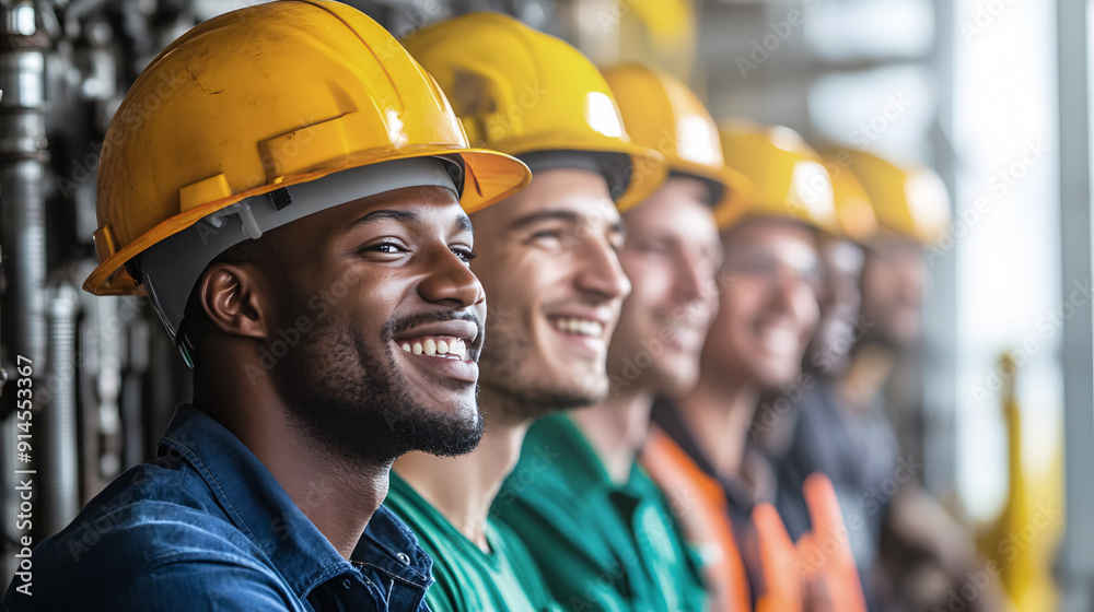 group of factory workers proud of their work group of factory workers proud of their work