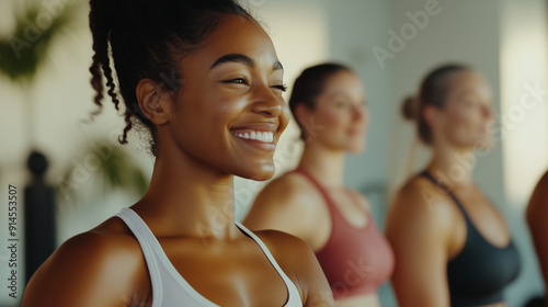 a group of smiling diverse ethnic african american and caucasian women enjoying their pilatesclass in a gym