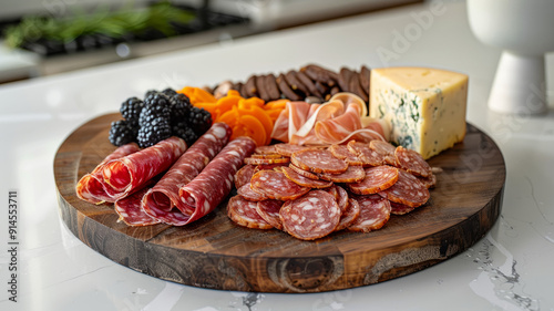 A charcuterie board with meats, cheese, and fruits.