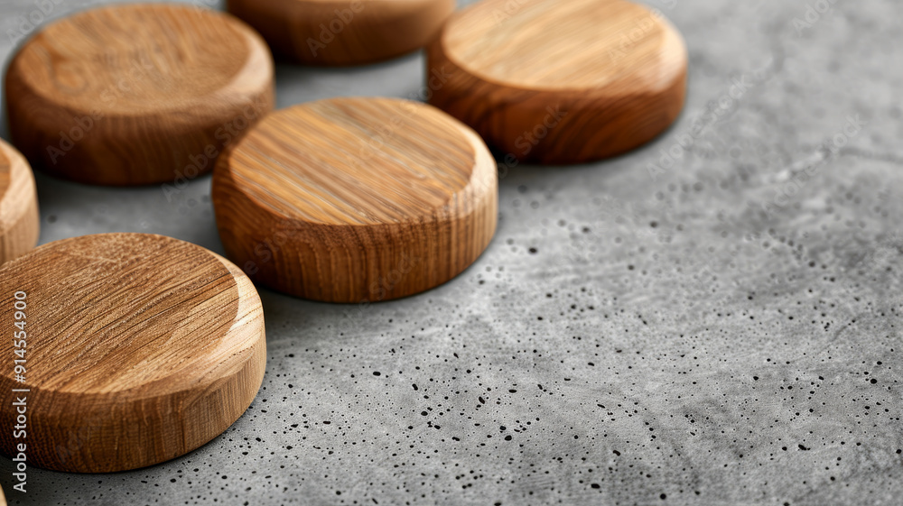 Round wooden coasters on a gray textured surface Round wooden coasters on a gray textured surface