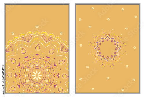 Set of two Paisley mandala cards on a yellow background.