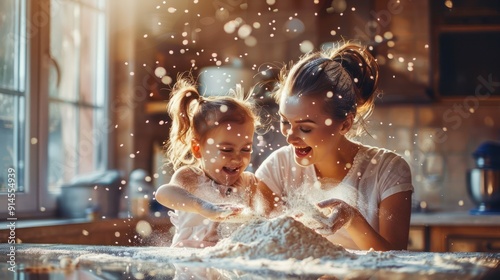 Happy mother and daughter having fun together in the kitchen with flour. A young mother and her child are cooking in the kitchen. Concept of fun, love, motherhood. photo