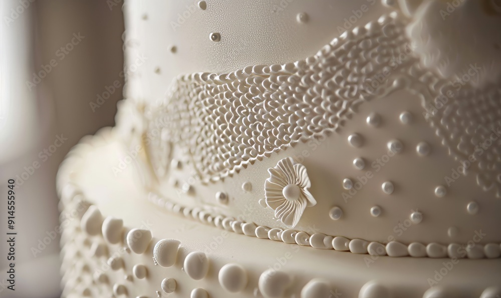 Closeup detail of a swiss dotted white wedding cake Closeup detail of a swiss dotted white wedding cake