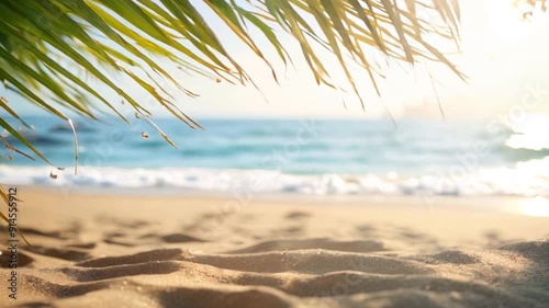 blurred beautiful nature, green palm leaves on tropical beach with bokeh lights