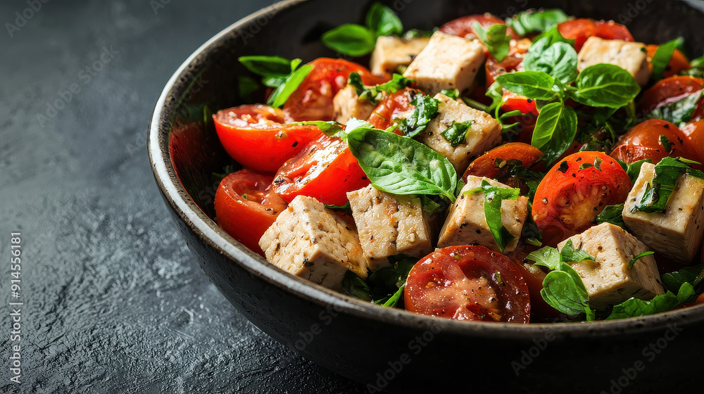 A vibrant, fresh salad made with tofu cubes, juicy cherry tomatoes, and fresh basil leaves, served in a rustic bowl on a textured dark surface.