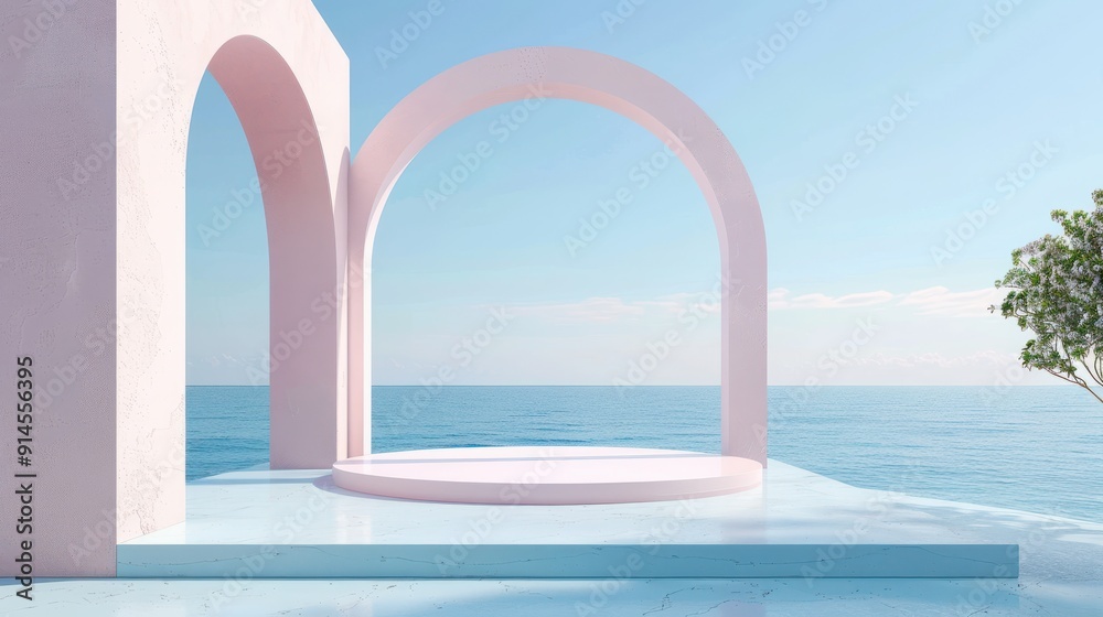 Fototapeta premium Scene with geometrical forms, arch with a podium in natural daylight. Sea view. Summer scene. 3D render background.