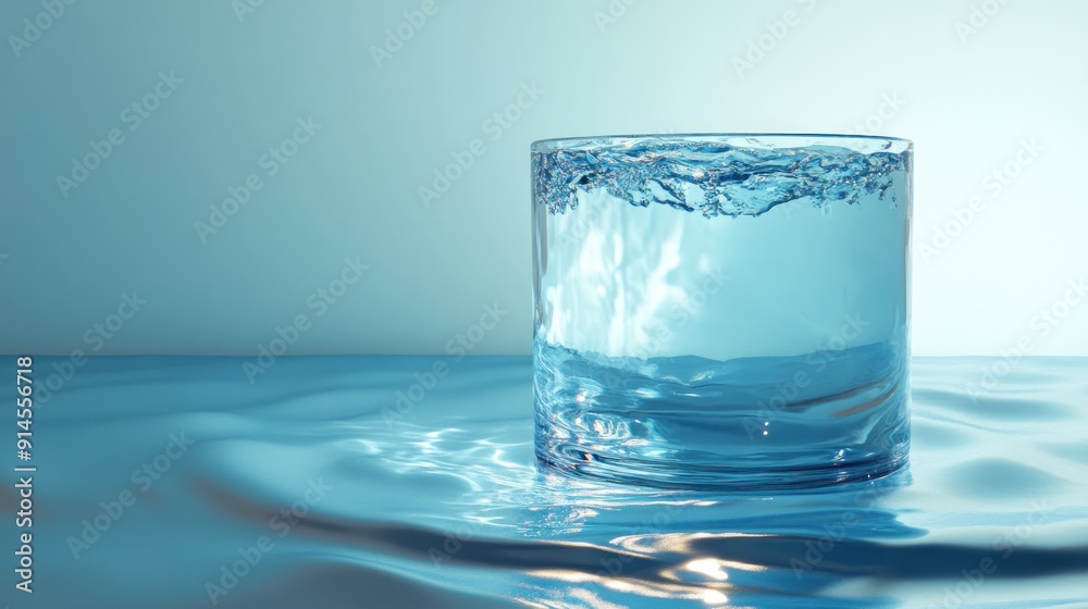 Glass of Water Floating on a Blue Surface