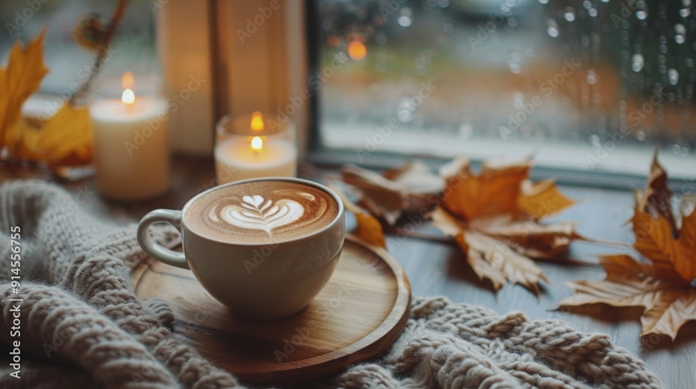 Fototapeta premium A mug of coffee with a leaf design on it sits on a wooden tray