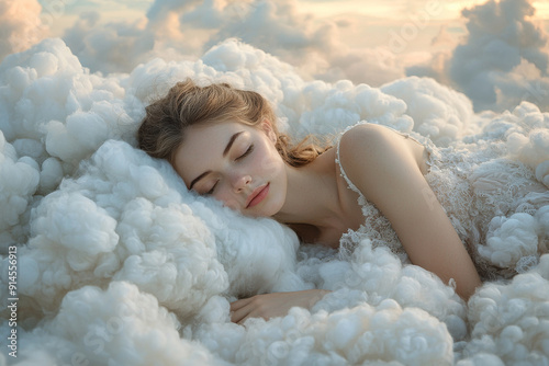 A Beautiful Woman Sleeping on a Cloud Above a Tranquil Landscape at Sunset.