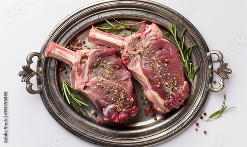 Raw lamb leg shanks presented on a metal platter with seasonings White background View from above photo