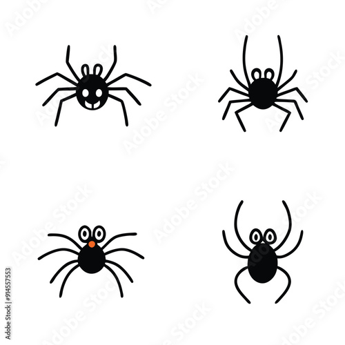 4 pcs set of spider vecor art illustration, isolated white background