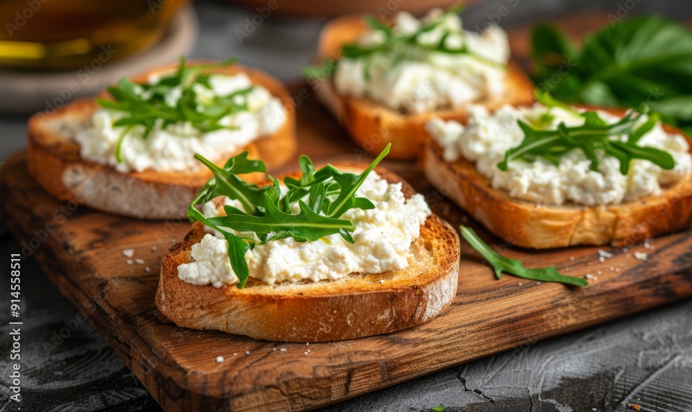 Delicious ricotta toasts served on wooden board Delicious ricotta toasts served on wooden board