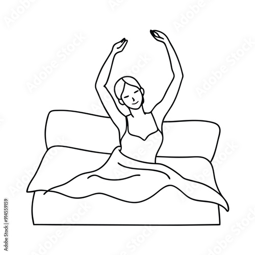 a woman stretching in bed after waking up fill with solid color illustration, isolated white background