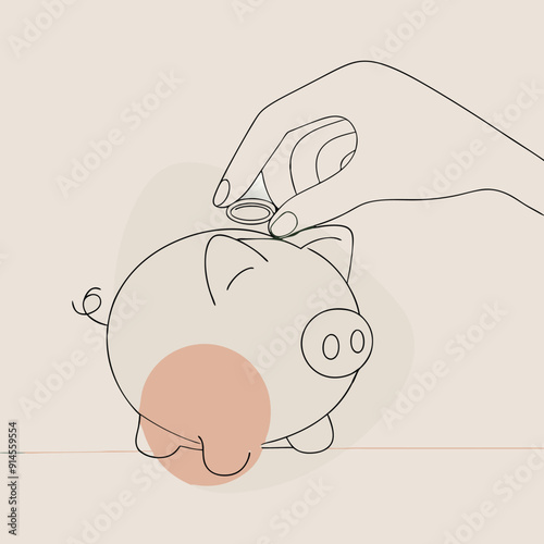 hand inserting coin into piggy bank solid color vector illustration, isolated white background 