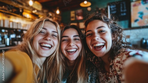 Three friends capturing memories in a lively pub setting, perfect for social media or lifestyle use