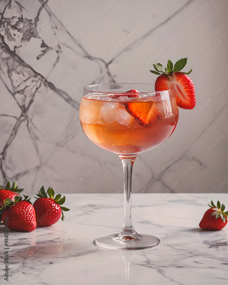 An elegant coupe glass filled with a pale pink Rosé Spritz, garnished with a fresh strawberry slice, against a bright white backdrop. An elegant coupe glass filled with a pale pink Rosé Spritz, garnished with a fresh strawberry slice, against a bright white backdrop.