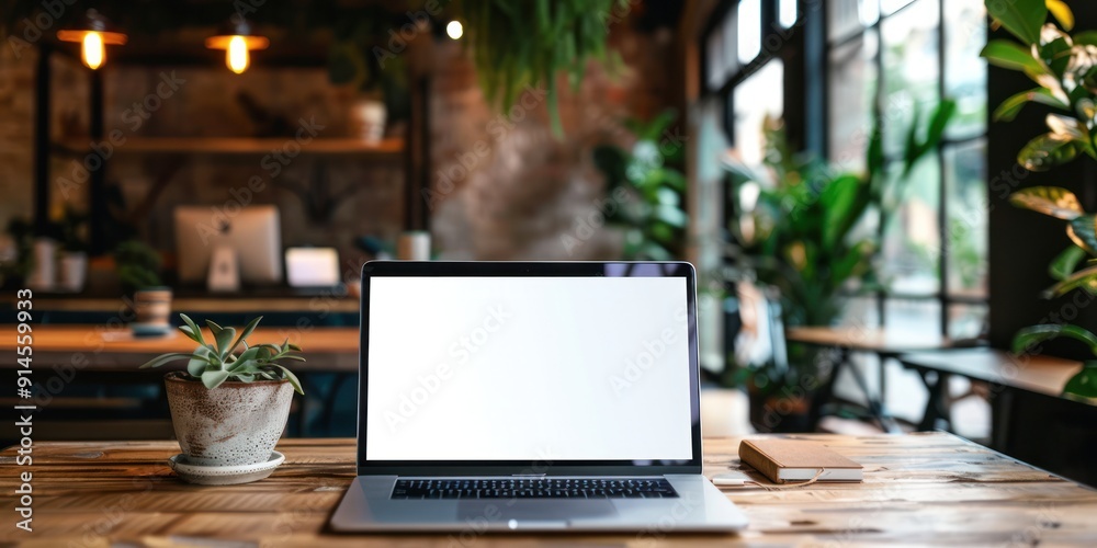 laptop open white screen empty mock up in cafe restaurant bar wood table and green plant laptop open white screen empty mock up in cafe restaurant bar wood table and green plant