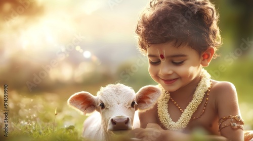 a little girl is holding a cow in a field photo