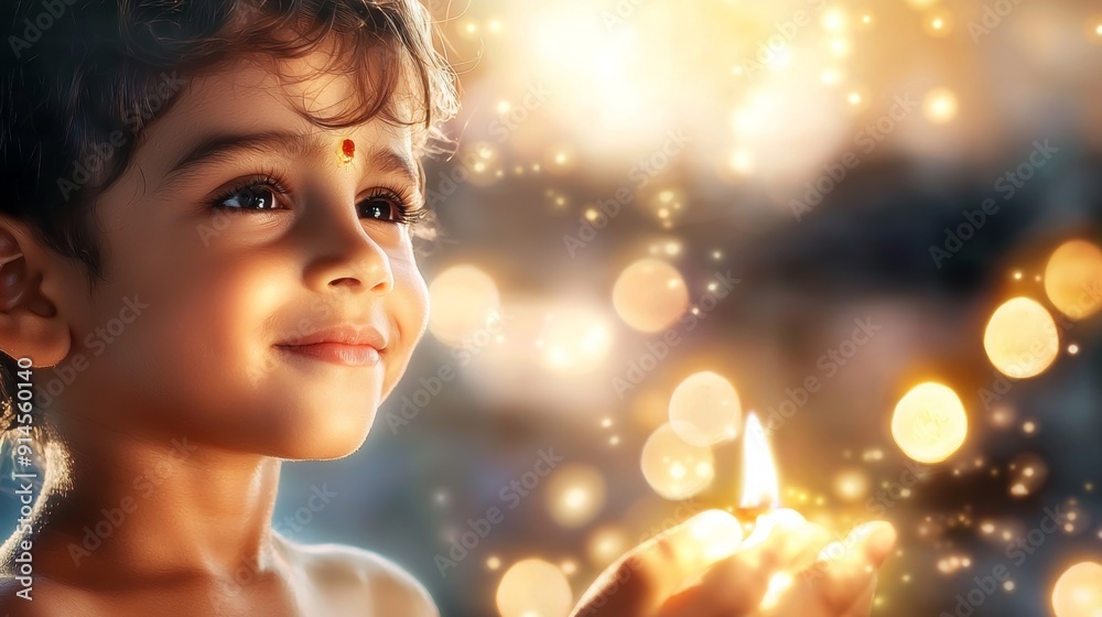Fototapeta premium a little girl holding a lit candle in her hand