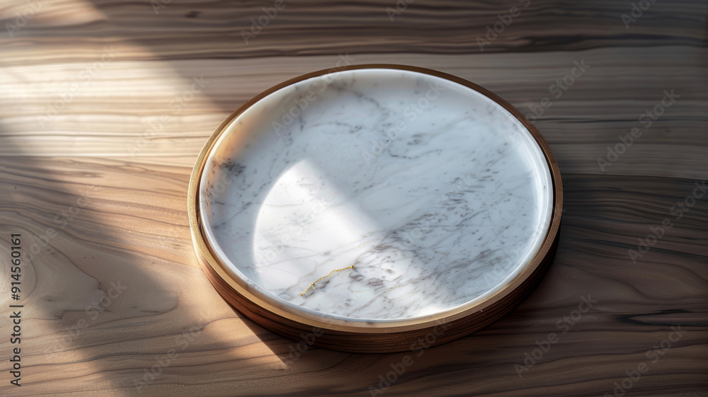 Marble plate with wooden rim on a wooden table in sunlight.