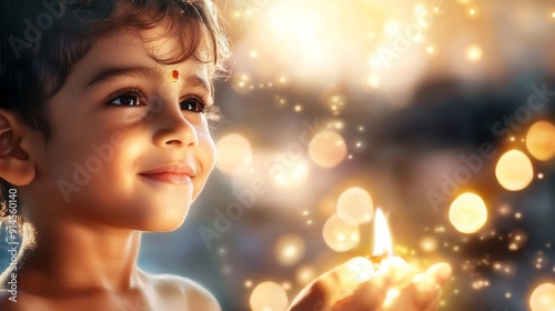 a little girl holding a lit candle in her hand photo