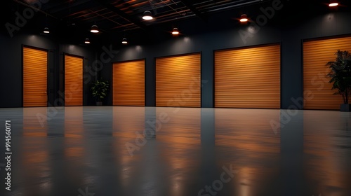 LED-lit warehouse interior, industrial structure, retail distribution center, portion of storage and shipping system