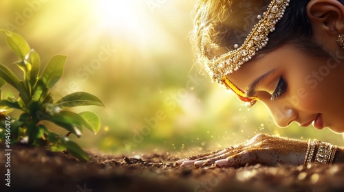 a woman in a gold headpiece with a flower in her hand photo