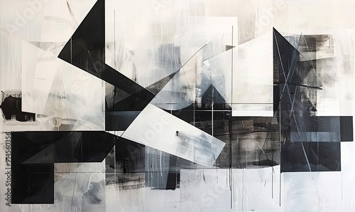 A contemporary abstract painting featuring black and white geometric lines and shapes with subtle textures.