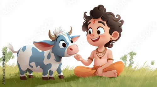 a little boy sitting in the grass with a cow photo