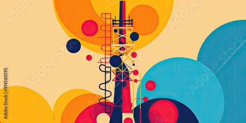 Abstract colorful geometric art with a tower.