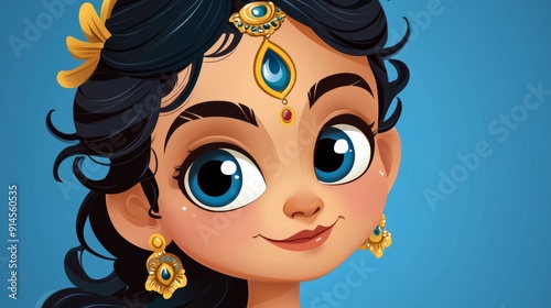 a cartoon character of a young girl with blue eyes and long black hair photo