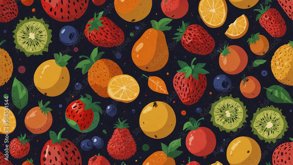 Vibrant Illustration of Various Fruits on a Dark Background with Bold Colors Vibrant Illustration of Various Fruits on a Dark Background with Bold Colors