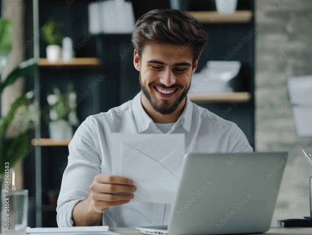 A person smiling and focused on a piece of paper, likely reviewing or reading important information A person smiling and focused on a piece of paper, likely reviewing or reading important information