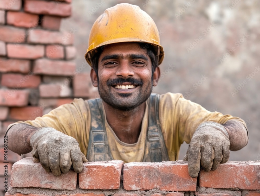 A person in a hard hat examines a brick wall, possibly for construction or maintenance purposes A person in a hard hat examines a brick wall, possibly for construction or maintenance purposes