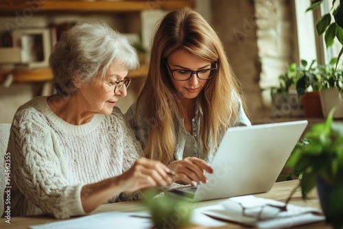 Grandmother and Granddaughter Collaborating on a Laptop While Sharing Knowledge in a Cozy Home Setting