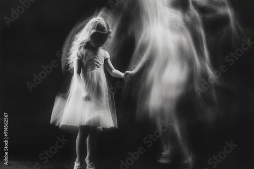 Little girl in dress holding a ghost hand Halloween background.