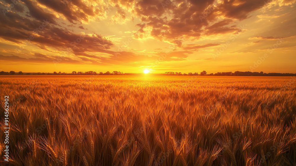 Obraz premium golden wheat field under the sunset sky 