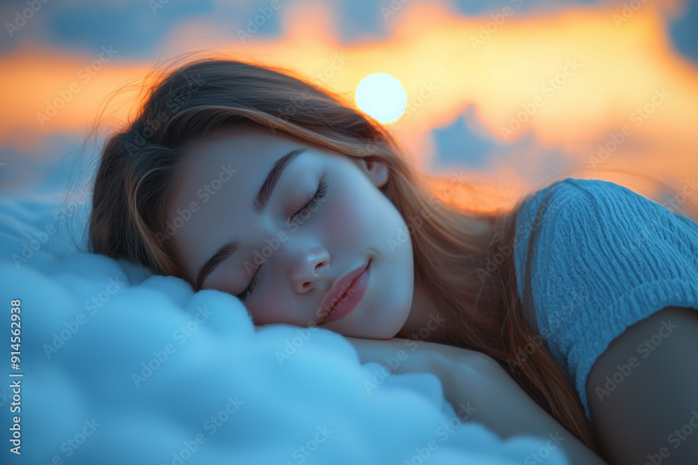 A Beautiful Woman Sleeping on a Cloud Above a Tranquil Landscape at Sunset. A Beautiful Woman Sleeping on a Cloud Above a Tranquil Landscape at Sunset.