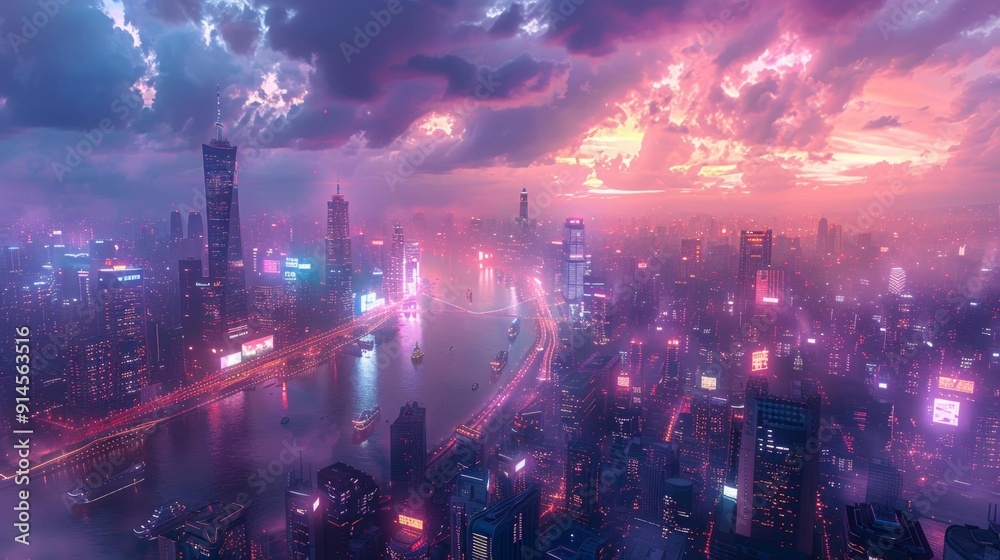 Fototapeta premium Futuristic city skyline at sunset - generative ai
