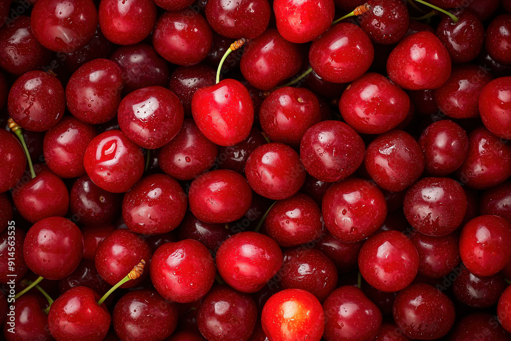 pile of fresh cherries, top view, vibrant red color pile of fresh cherries, top view, vibrant red color
