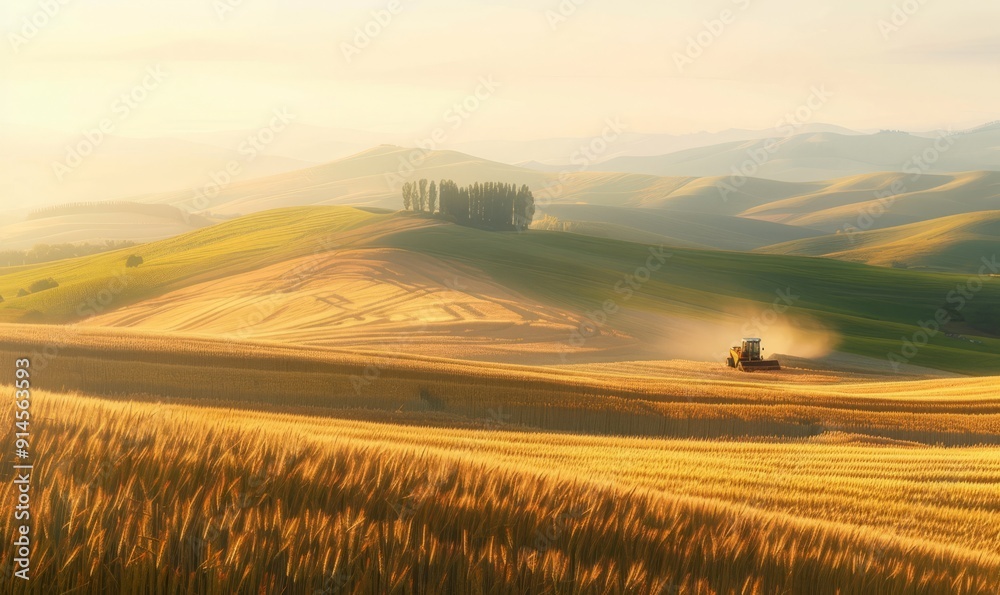 Obraz premium Rolling hills of winter wheat bathed in warm sunlight, mechanized harvesters at work, a panoramic vista illustrating the beauty of agricultural abundance