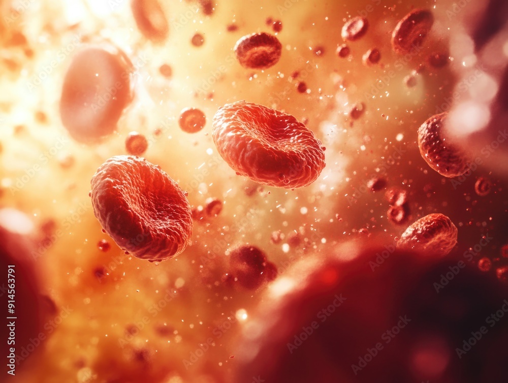 Fototapeta premium A group of red blood cells flowing through a blood vessel