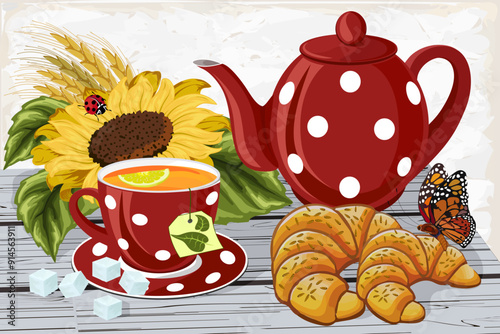 Tea party set in vector illustration.Cup with tea, teapot and croissants on a wooden tabletop in color vector illustration.